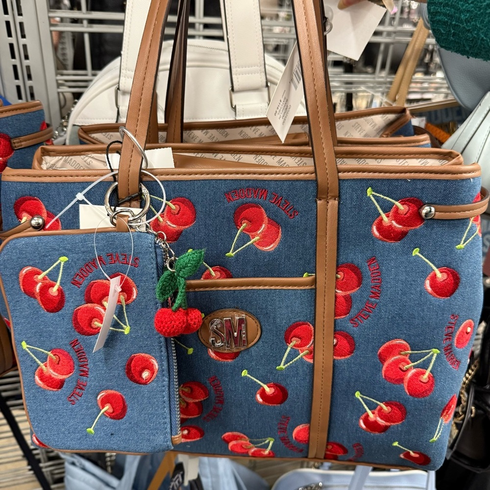 Steve Madden Stylish Cherry Embroidered Denim Tote Bag
